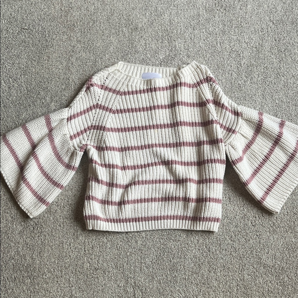 Striped Bell Sleeve Sweater - Cream and pink
